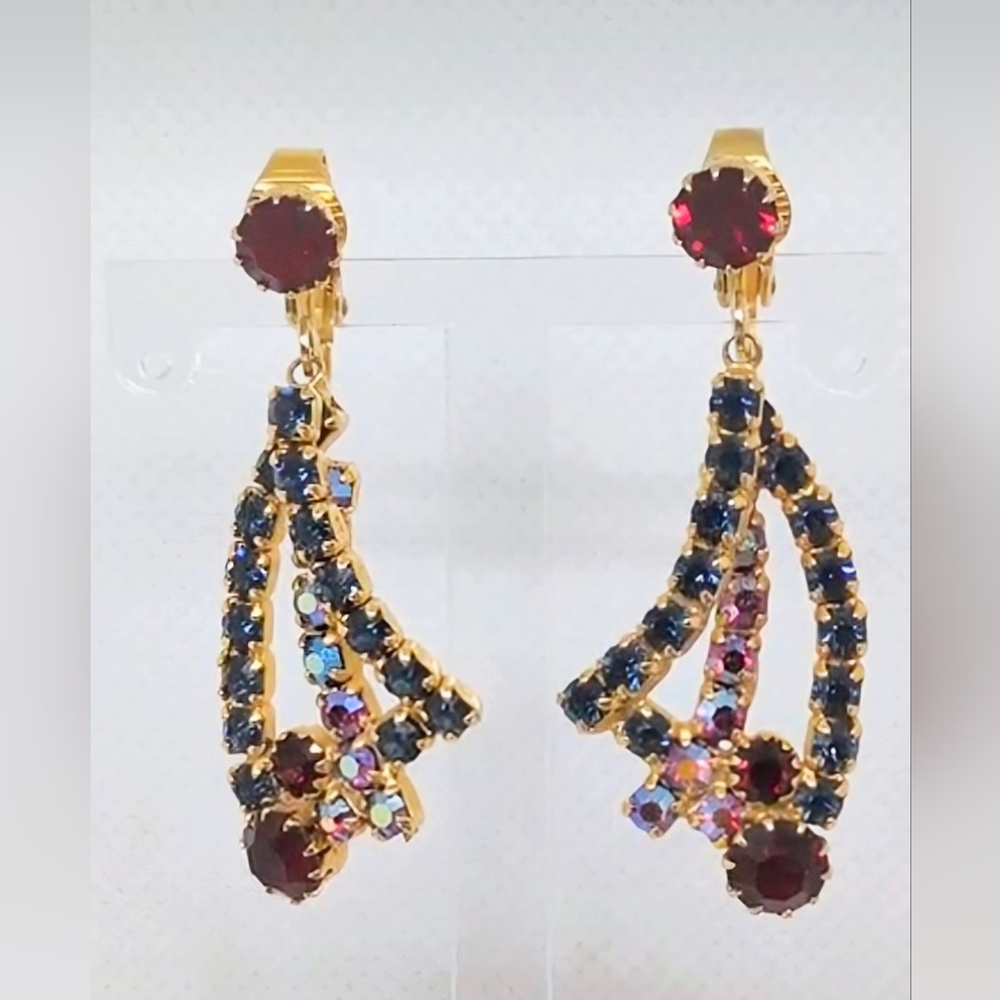 Vintage Red Blue Rhinestone Dangle Earrings Clip On 1 3/4" Evening Wear